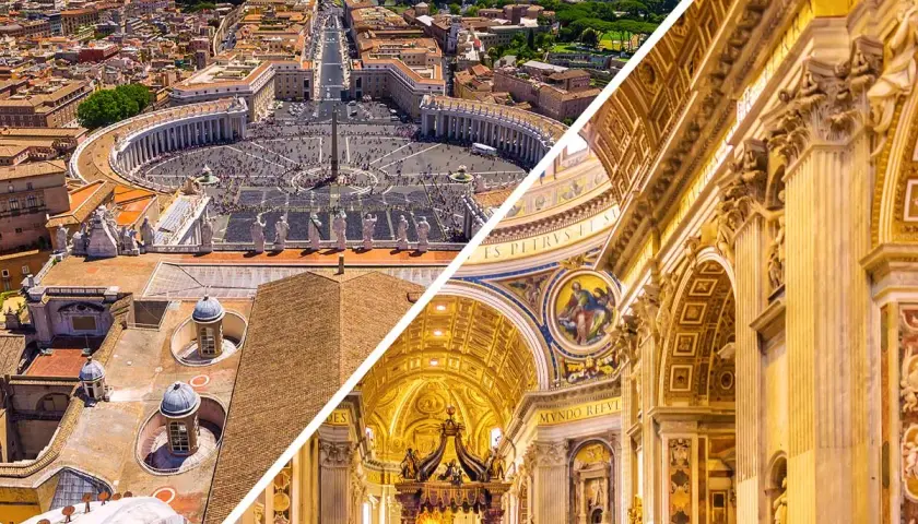 Vista aerea di Piazza San Pietro e interno della chiesa di San Pietro a Roma, con la maestosa cupola e decorazioni dorate.