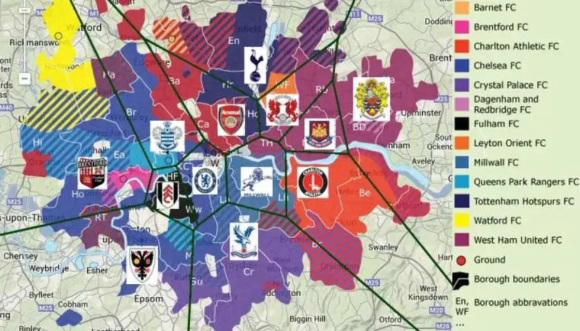 Mapa Londynu z zaznaczonymi terytoriami kibiców klubów piłkarskich z Londynu, m.in. Arsenal, Chelsea, Tottenham.