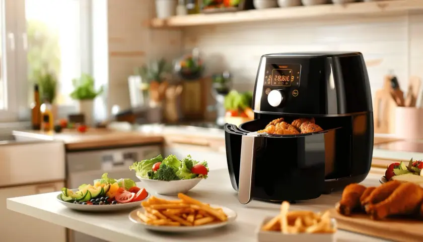 En airfryer med krispiga kycklingbitar och pommes frites. Perfekt för snabba och goda airfryer recept.