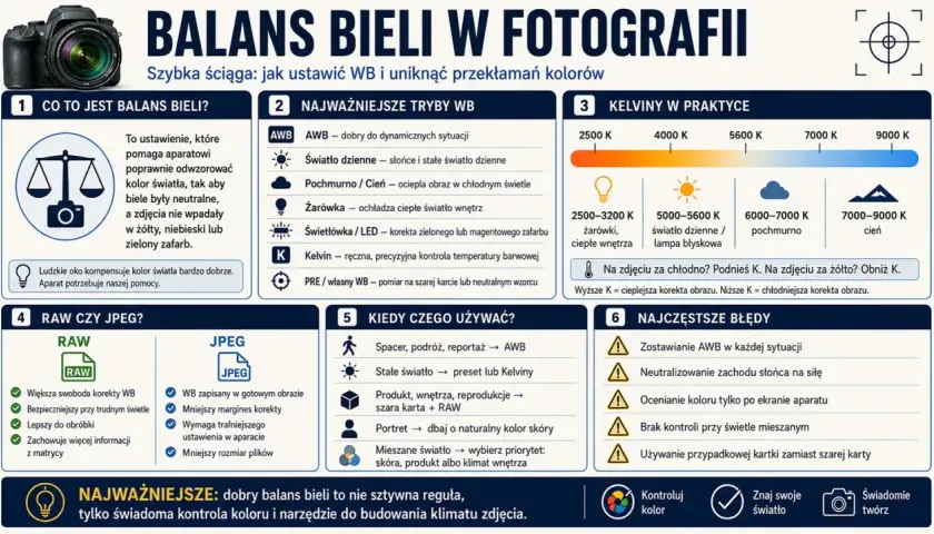 Szybka ściąga o balansie bieli w fotografii: jak ustawić WB i uniknąć przekłamań kolorów. Poznaj tryby WB, zastosowanie Kelvinów i najczęstsze błędy.