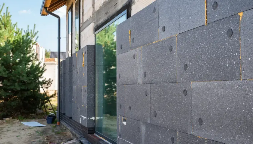 Moderne fassadengestaltung: Dämmplatten aus Polystyrol werden an einer Hauswand angebracht. Ein Fenster ist bereits eingesetzt.