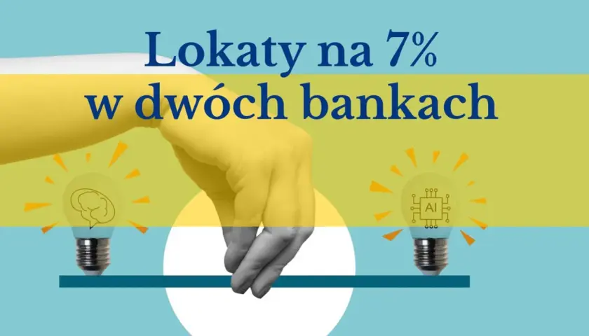 Dłoń trzyma żarówkę z mózgiem i żarówkę z symbolem AI. Tekst: Lokaty na 7% w dwóch bankach.