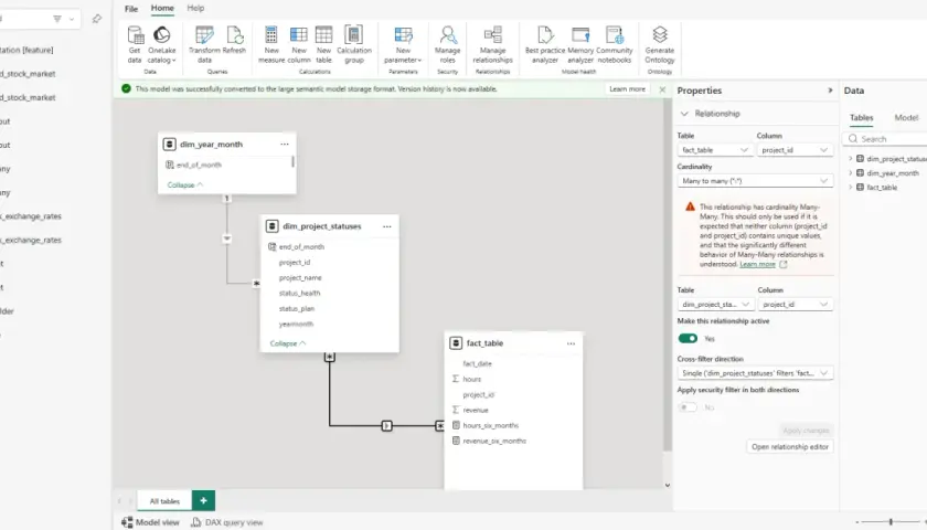 Vista del modello dati con relazione molti a molti tra tabelle "fact_table" e "dim_project_statuses".