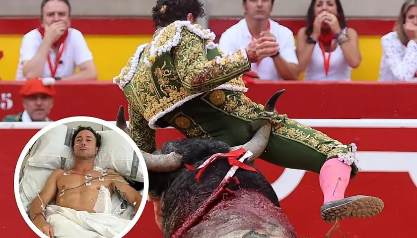 El torero Rafaelillo en plena faena, con un toro ensangrentado. En un círculo, el mismo torero herido en cama de hospital.