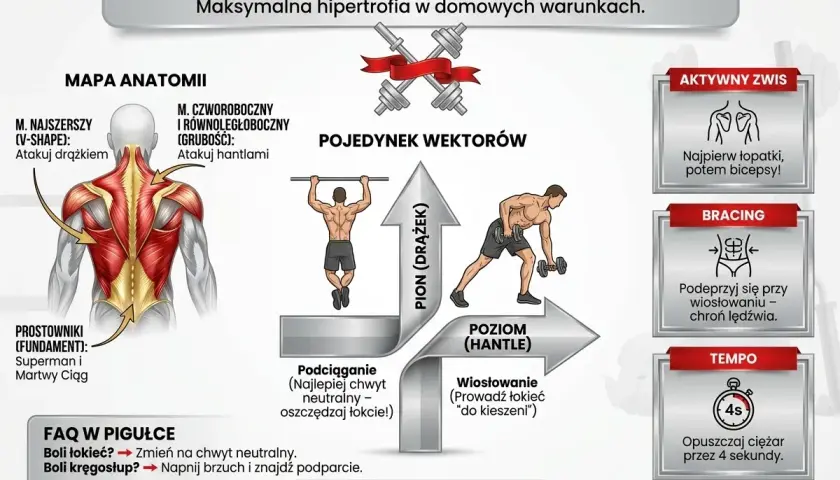 Trening pleców w domu z drążkiem i hantlami. Ilustracja pokazuje anatomię pleców, wektory ruchu (pion i poziom) oraz ćwiczenia: podciąganie i wiosłowanie.