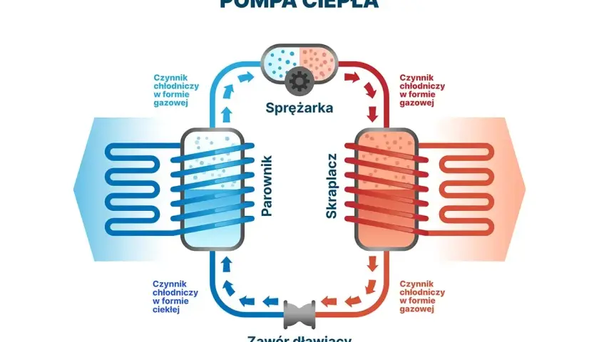 Schemat pokazuje, czy pompa ciepła może chłodzić. Cyrkulacja czynnika chłodniczego przez parownik i skraplacz pozwala na odbiór ciepła z otoczenia.