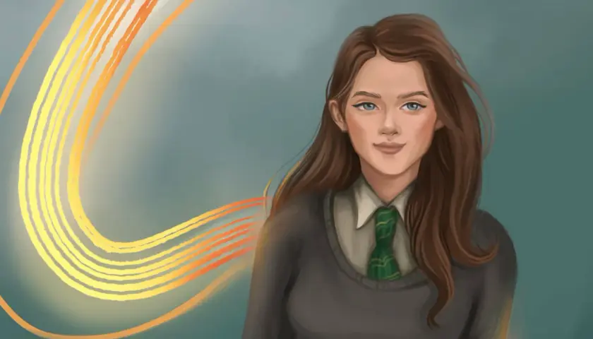Astoria Greengrass, w szacie Slytherinu, z magicznymi, świetlistymi smugami za plecami.