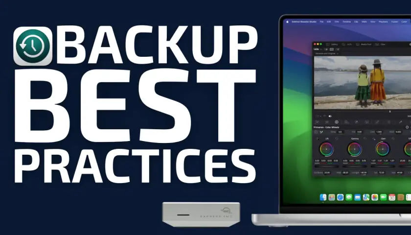Mac OS Backup: Best Practices für deine Daten. Ein Laptop zeigt DaVinci Resolve, daneben eine externe Festplatte.