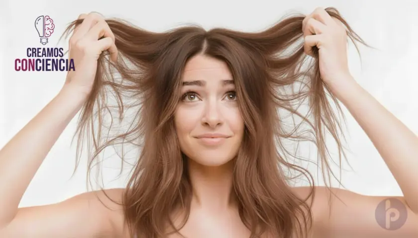 Mujer con pelo rebelde y encrespado, mostrando que es el frizz del pelo.