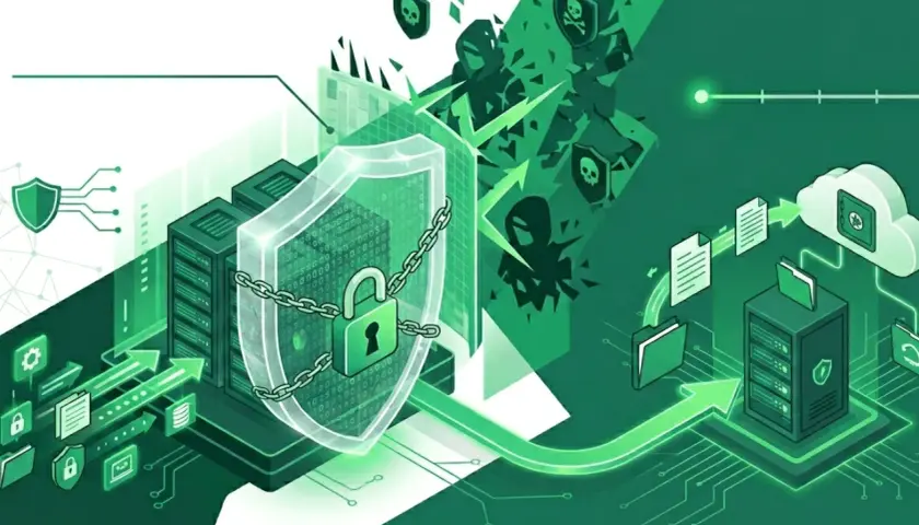 Illustration d'une sécurité informatique robuste, avec des serveurs protégés par un bouclier et un cadenas. Des icônes de menaces tentent de percer, mais le réseau 3G reste sécurisé.