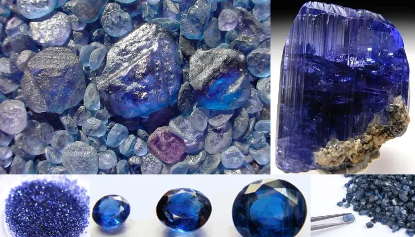 Verschiedene **Kristallarten** in tiefem Blau: rohe Steine, ein großer facettierter Kristall und geschliffene Edelsteine.