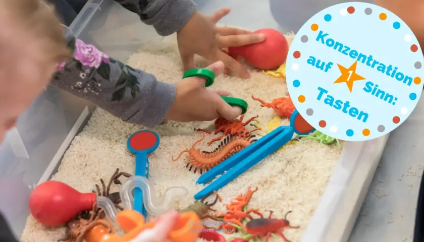 Kinder erforschen mit Spielzeug-Insekten und Reiskörnern eine Sensorik Wanne. Tolle Ideen für spielerisches Lernen und Konzentration auf den Tastsinn.