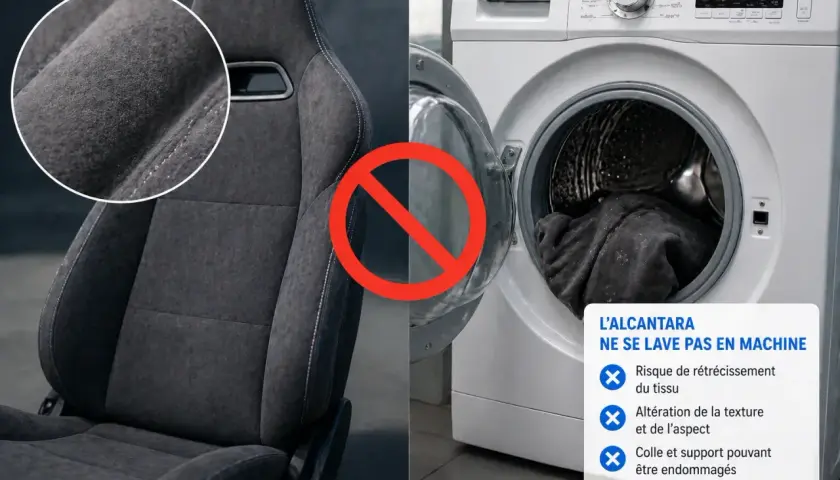 Siège baquet en Alcantara gris, à côté d'une machine à laver ouverte. Interdiction de lavage en machine pour le nettoyage de l'Alcantara.