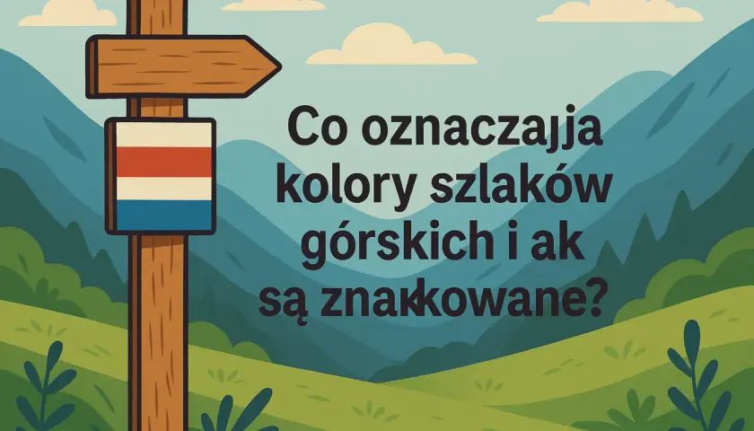 Drewniany drogowskaz górski z tabliczką w kolorach czerwonym, białym i niebieskim na tle gór.