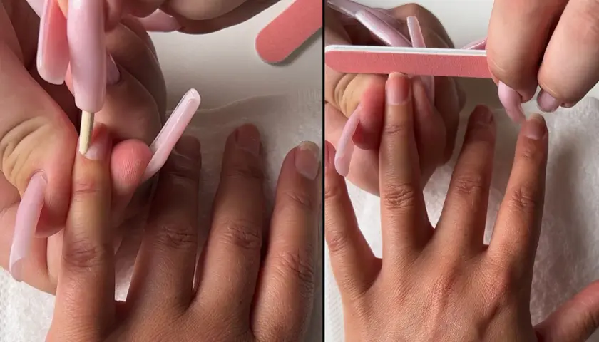 Två bilder visar en hand som får naglar fixade. En nagelbandsspatel används i ena bilden, och en rosa nagelfil i den andra. Perfekt för neonails!