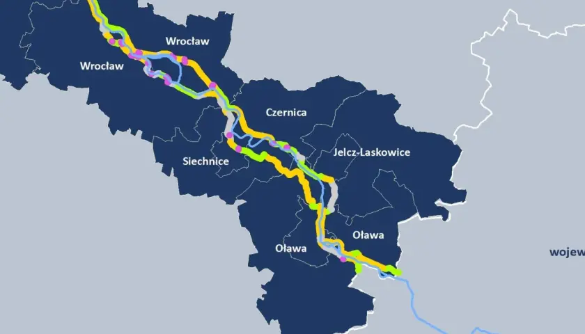 Mapa z zaznaczonymi trasami rowerowymi, w tym niebieskim velo, łączącymi Wrocław z okolicznymi miejscowościami jak Siechnice i Oława.
