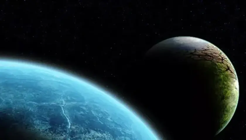Dwie planety w kosmosie. Jedna błękitna, druga zielona z pęknięciami. Może to 9 planeta?