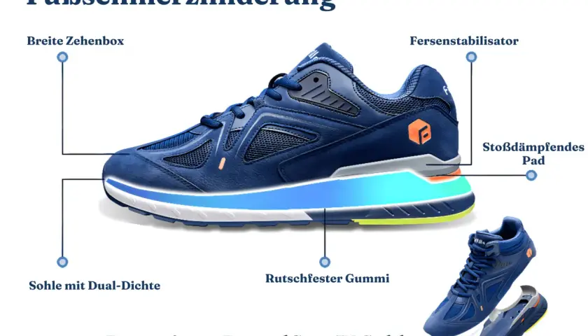 Blauer Schuh mit detaillierter Sohle, ideal bei Morton Neuralgie. Bietet Komfort und Stabilität.