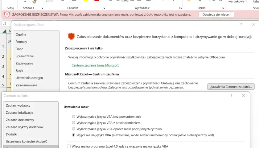 Excel blokuje makra, bo pisarz amator użył zbyt skomplikowanych. Bezpieczeństwo przede wszystkim!