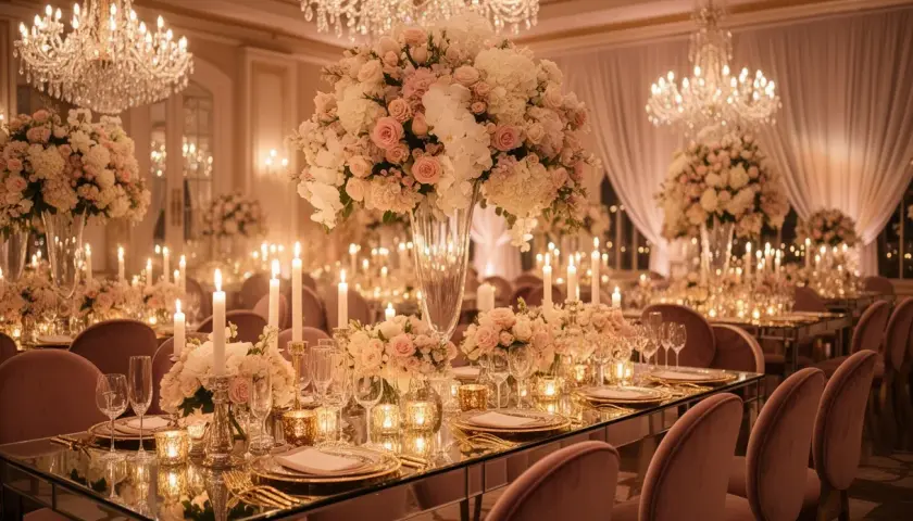Eleganckie wesele glamour: luksusowe stoły, kryształowe żyrandole i bujne bukiety róż.