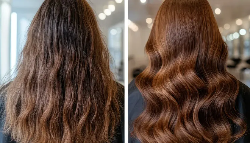 Antes y después de un tratamiento capilar con ácido glicólico, mostrando un cabello seco y dañado transformado en melena brillante y sedosa.