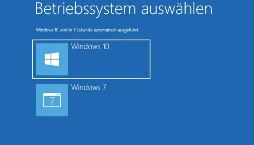 Betriebssystemauswahl: Windows 10 wird automatisch gestartet, aber Windows 7 ist auch wählbar.