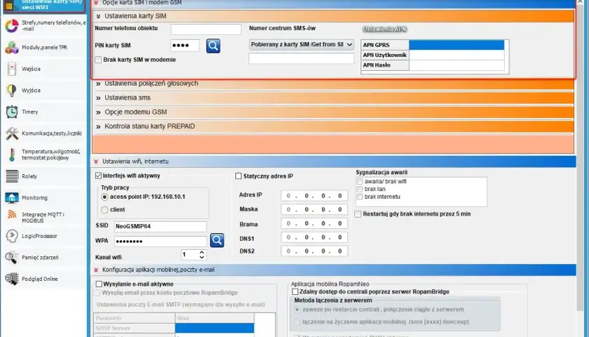 Ustawienia APN dla karty SIM i modemu GSM, w tym pola na APN GPRS, użytkownika i hasło.