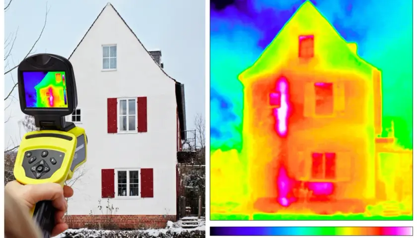 Kamera termowizyjna pokazuje dom z widocznymi mostkami termicznymi, gdzie ciepło ucieka na zewnątrz.
