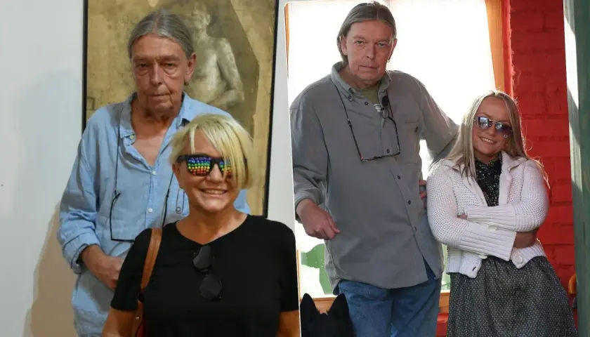 Małgorzata Ostrowska z mężem, wesoło pozują do zdjęć. Ona w okularach z tęczowymi kropkami, on w szarej koszuli.