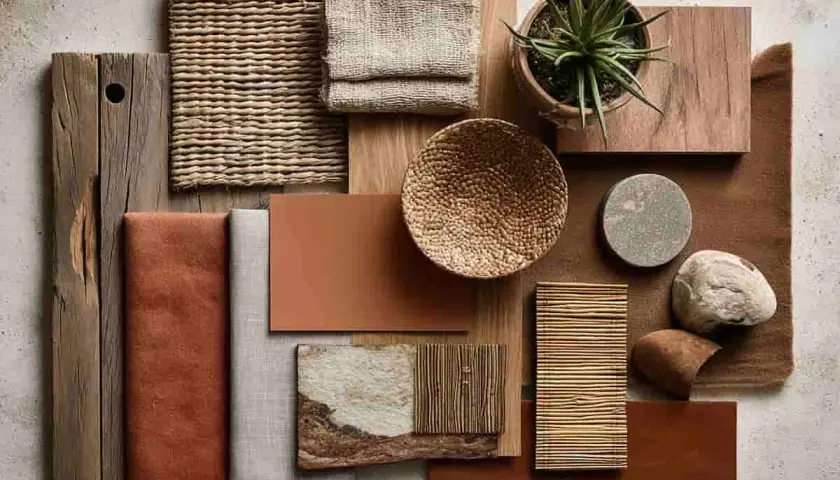 Palette naturelle : bois vieilli, tissages bruts, cuir et échantillons de couleur, quelle couleur avec terracotta ? Tons terreux, gris pierre et vert végétal s'harmonisent.
