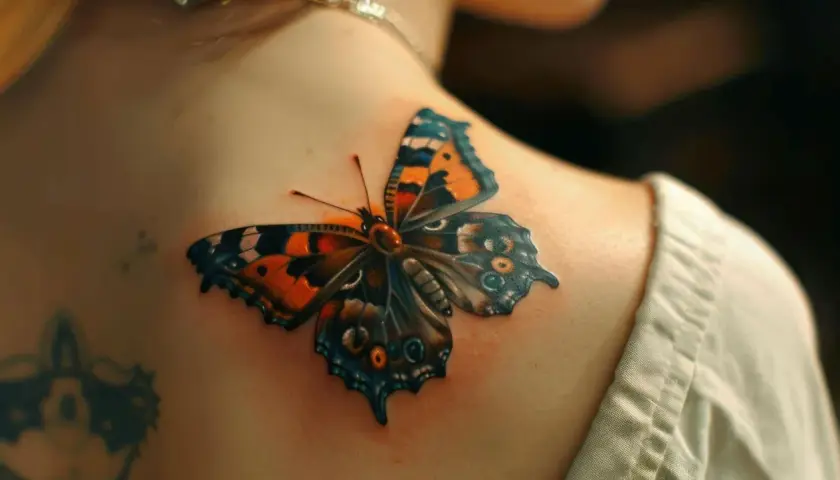 Kolorowy tatuaż motyl na ramieniu, z pomarańczowymi i niebieskimi skrzydłami, wygląda jak żywy.