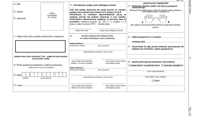 Formularz wniosku o wydanie dokumentu, zawiera sekcje dotyczące danych osobowych, zgody rodziców i opłat.