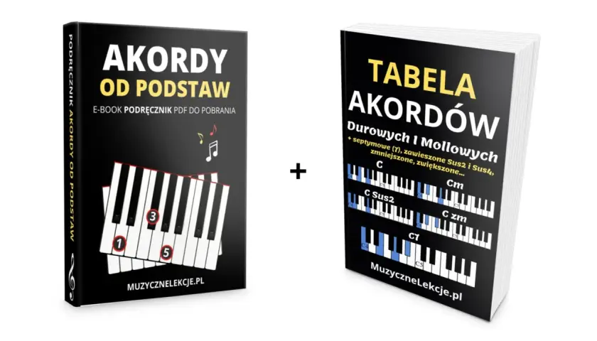 Dwie książki: "Akordy od podstaw" i "Tabela akordów" z przykładami chwytów na pianino.