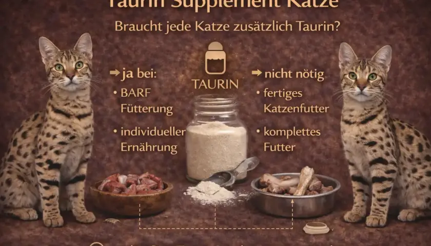 Zwei Katzen flankieren eine Darstellung von Taurin-Pulver. Die Grafik erklärt, wann Taurin für Katzen wichtig ist, z.B. bei BARF-Fütterung.