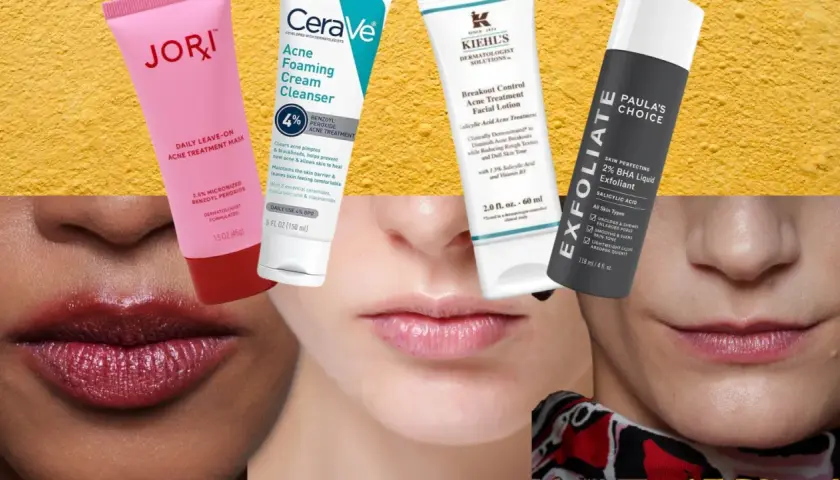 Hudvårdsprodukter mot hormonell acne: Jori, CeraVe, Kiehl's och Paula's Choice.