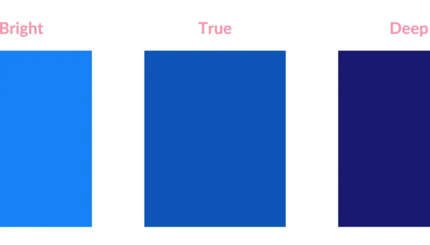 Tres bloques de color azul: brillante, verdadero y profundo. Muestran la gama de azules para la colorimetría invierno frío.