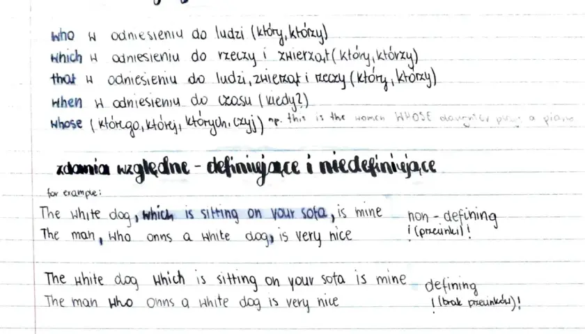 Zaimki względne: who, which, that, when, whose. Zdania względne definiujące i niedefiniujące.