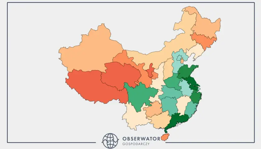 Mapa przedstawiająca chińskie prowincje w różnych odcieniach zieleni i pomarańczy, sugerująca dane statystyczne.