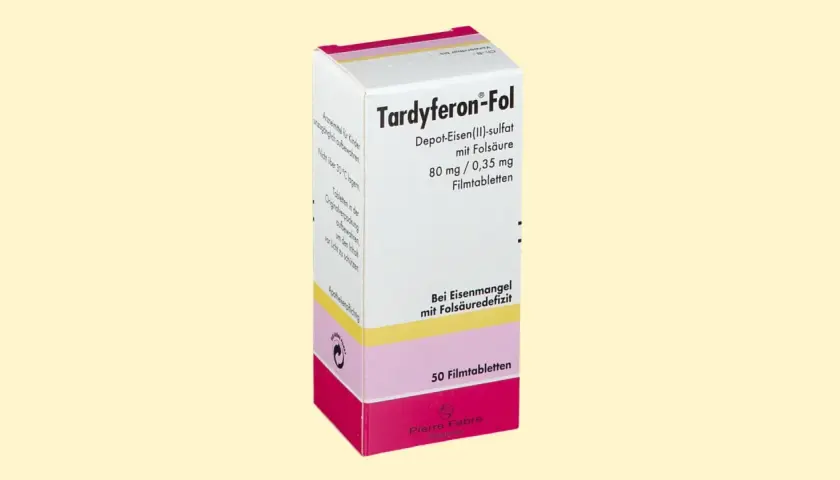 Opakowanie Tardyferon-Fol, leku na receptę zawierającego żelazo i kwas foliowy, stosowanego przy niedoborach.