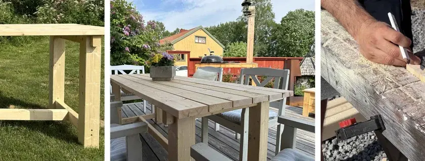 Bygga utebord: en trästomme på gräsmattan, ett färdigt bord med stolar på en altan, och en person som mäter trä för bygget.