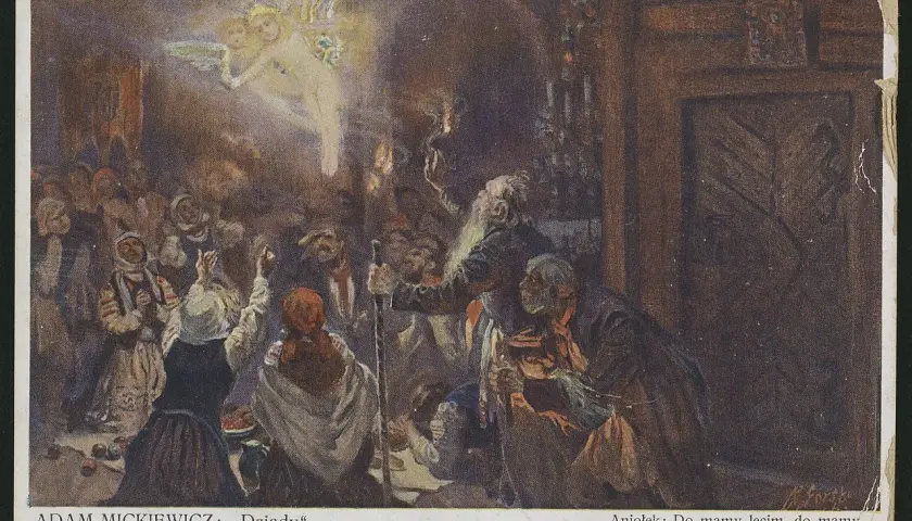 Scena z "Dziadów" cz. III: tłum ludzi wznosi ręce ku aniołkowi, który mówi "Do mamy lecim, do mamy". Motywy tęsknoty i nadziei.