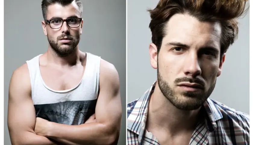 Dos hombres con un peinado tupe pelo. El de la izquierda lleva gafas y camiseta sin mangas. El de la derecha, camisa a cuadros.