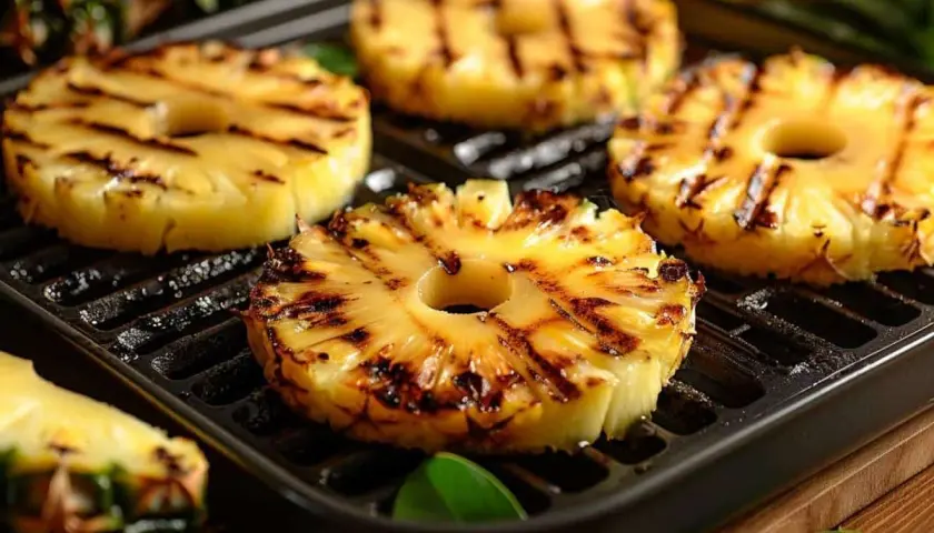 Tranches d'ananas au barbecue, caramélisées et grillées, sur une plaque de cuisson.