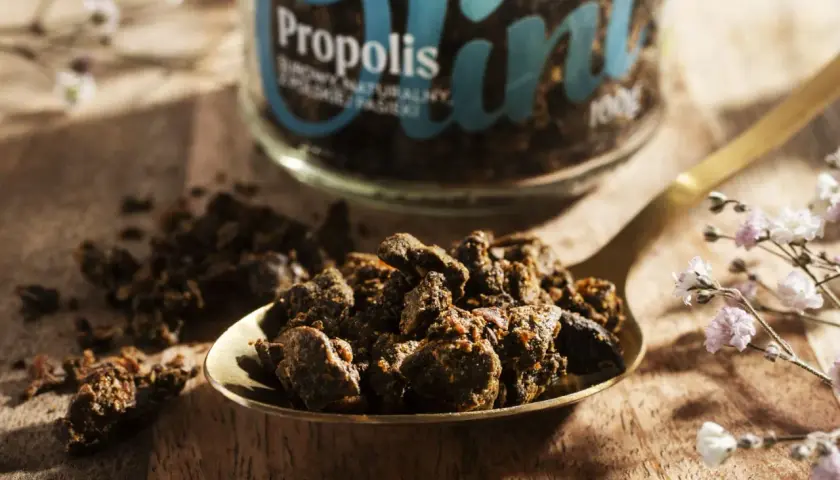 Łyżka pełna propolisu, naturalnego produktu pszczelego o cennych właściwościach. Słoik z napisem "Propolis" w tle.