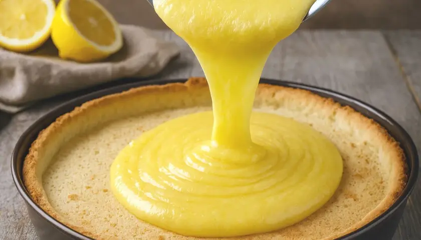 Une crème onctueuse au lemon curd est versée dans une tartelette dorée. Des citrons coupés en deux sont en arrière-plan.