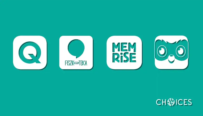 Cztery ikony aplikacji do fiszek: Q, Fiszka-Teka, Memrise, sowa. Wybierz najlepsze aplikacje do nauki!