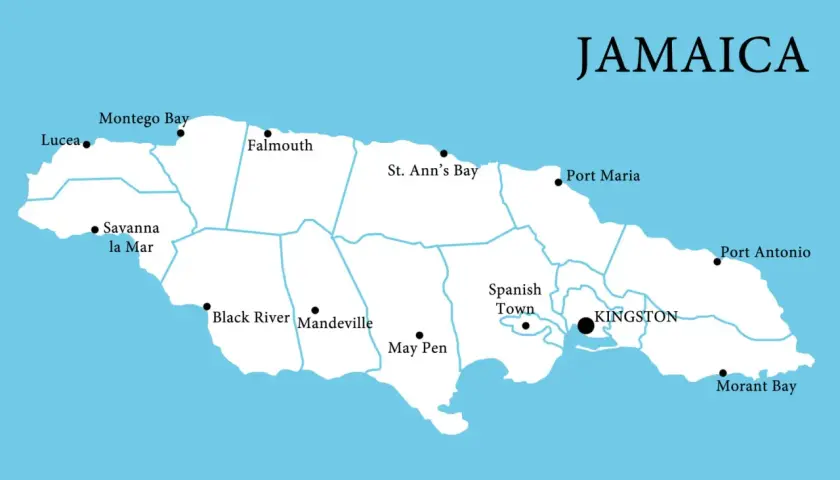 Mapa Jamajki z zaznaczonymi miastami: Kingston, Montego Bay, Falmouth. Poznaj, gdzie leży Jamajka, karaibska wyspa.
