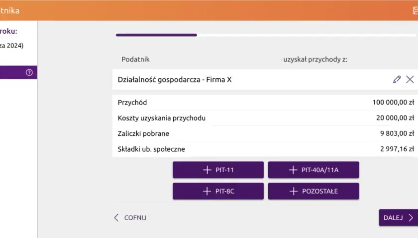 Podatnik wykazał przychód 100 000 zł, koszty uzyskania przychodu 20 000 zł, zaliczki pobrane 9 803 zł i składki społeczne 2 997,16 zł.