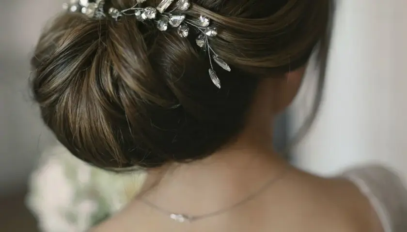 Eleganckie, luźne upięcia włosów na wesele ozdobione błyszczącą biżuterią. Delikatny kok z subtelnym dodatkiem kryształków.