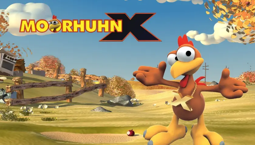 Ein verrücktes Huhn mit goldener Kette und einem X-Anhänger steht auf einem Feld. Im Hintergrund das Logo "Moorhuhn X" und Herbstlaub.